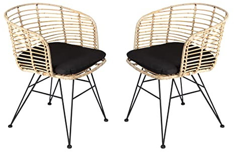 SAM 2er Set Rattanstuhl Nairobi, Farbe Natur, inklusive Sitzkissen, Korbstuhl mit Metallfüßen, Geflechtstuhl/Eisenstuhl im Retro-Design, Esszimmerstuhl mit Armlehnen