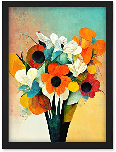 Doppelganger33 LTD Modern Abstract Oil Paint Vibrant Summer Flower Bouquet In Vase Artwork Framed Wall Art Print A4