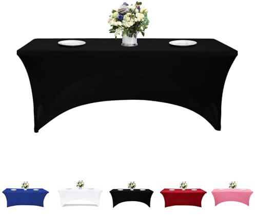 Kapwall 6ft Elasthan Tischdecke [183Lx75Wx75H] cm - Polyester Rechteckige Tischhussen Mit Offenem Rücken, Dehnbar Für Hochzeit, Party, Küche, Dekoration - Schwarz