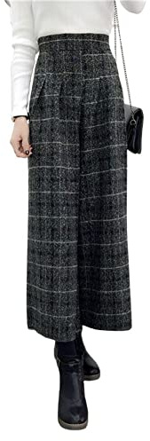 chouyatou Damen Winter Hohe Taille Weites Bein Plaid Wollmischung Palazzo Caprihose Culottes mit Taschen