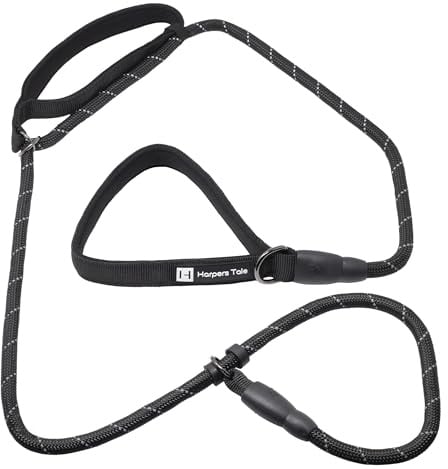 Harpers Tale Reflective Black Rope Slip Lead Innovative Design with Adjustable Control Handle - Adjustable Slip Noose - Neoprene Padded Handles 1.5 M Long for Small, Medium & Large Sized Dogs