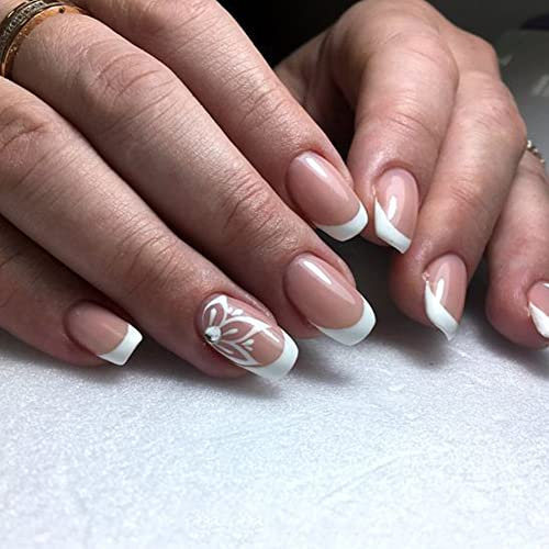 24PCS Short False Nails with Glue Stickers,Coffin Full Cover Acrylic Press on Nails no Glue,White Flower French Fake Nails for Women and Girls Nail Art