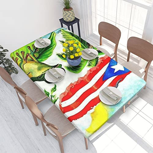 ASEELO Puerto Rico Flagge Frosch Palmen Bedruckt 1,2 m Rechteckige Spannbetttuch Abwaschbar Elastische Tischdecke für Outdoor Picknick Camping Party Potluck