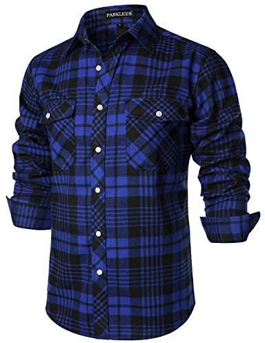 PARKLEES Herren Freizeithemden Regular Fit Button Down Check Kariert Flanellhemden mit Taschen PZLCL41 Royalblau M