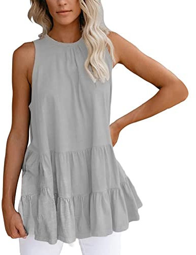Tank Top Damen Sexy -Rüschen Oberteil Damen Sommer -Blusentops Damen Elegant Ärmelloses Flowy Falten Tunika Strand T-Shirt Rundhals Basic Tops Einfarbig Bluse Lässige Longshirt Sommertop für Frauen