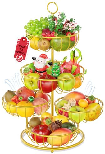 PouHenier.jh 5 Tier Fruit Basket Rack Stand, Kitchen Counter Metal Wire Tiered Produce Storage Bowl Holder for Dining Table, Stable Countertop Vegetable Display Centerpiece, No Screw Easy Setup, Gold