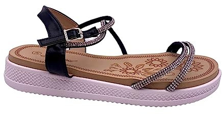 STILL Schuhe Damen Sommer Sandalen Strass Casual Spaziergang Bequeme Sommer Riemen QQ-317, Schwarz , 38 EU