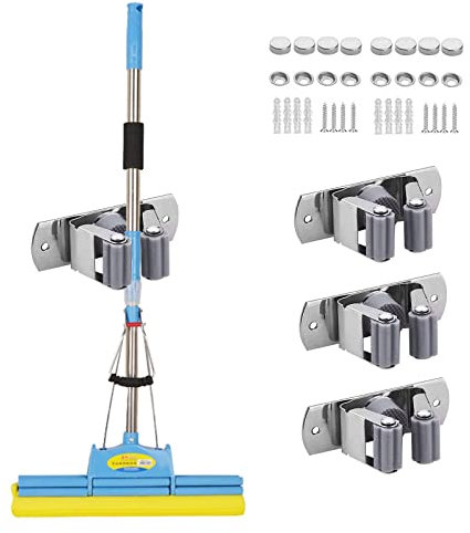 Mokife Soporte Escobas Pared 4 Piezas, Adhesivos Colgadores Organizador Herramientas Sujeta Cuelga Fregonas Acero Inoxidable para Garaje Lavadero Cocina Baño Jardín Oficina, Gris