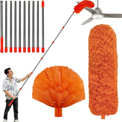 Kit de plumeau haute portée de 6 m avec manche d'extension de 0,6 à 4,3 m, toile d'araignée et brosse d'angle pour nettoyage, plumeau en microfibre avec tête lavable pour ventilateur de plafond,