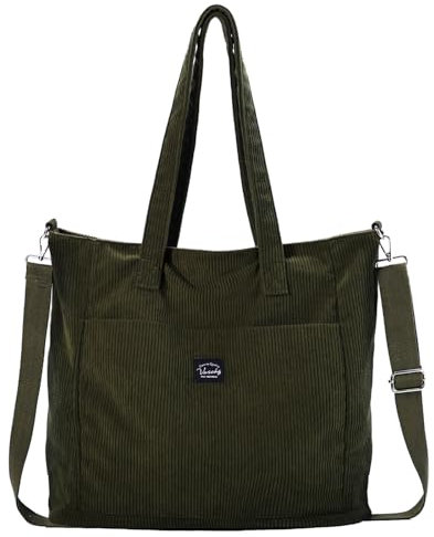 VASCHY Corduroy Handtasche Damen, Leichte Große Umhängetasche Arbeitstasche Tote Bag Hobo Schulter Crossbody Tasche Geldbörse Grün