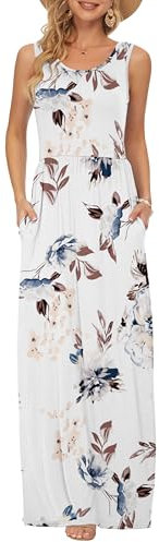 AUSELILY Robe Longue d'été sans Manches pour Femmes Robe Longue Décontractée avec Poches Fleurs Blanches L