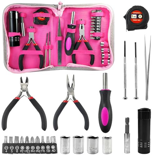 23 Pieces Pink Tool Kit, Comes with Pliers, Socket, Screwdriver, Hand Tools for Home, DIY Tool Box, Suitable for Home Appliances, Computers, Cars