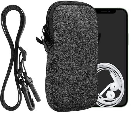 kwmobile Handytasche für Smartphones M - 5,5 - Neopren Handy Hülle Anthrazit Weiß mit Kordel - Handy Tasche mit Handykette 15,2 x 8,3 cm Innenmaße