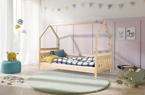 KEF Kinderbett 80x200 cm - Hausbett für Schlafzimmer - Bodenbett aus Holz mit Lattenrost - Babybett - Floor Bed - Jugendbett und Mädchenbett für Kinderzimmer - Kiefer