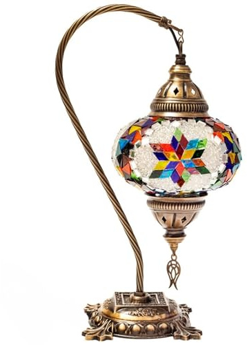 Handmade Turkish Mosaic Table Lamp – Multicolor Rainbow Glass Swan Neck Bedside Light with Antique Bronze Base, Moroccan Style Decor for Bedroom & Living Room – LED Bulb Not Included – 15