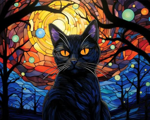 Pintura de estilo de cristal de colores por números para adultos, gato de Halloween para pintar por números, pintar por números de pincel y pintura acrílica, 40 x 50 cm, llamas de luna, pintura por