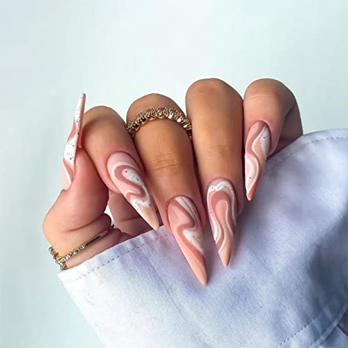 JUSTOTRY 24 Pcs Swirl Stiletto Press on Nails Designs,Pink and White False Nails Long,Pretty Stick on Nails for Women,Matte French Almond Fake Nails Medium for Nails Art Gifts