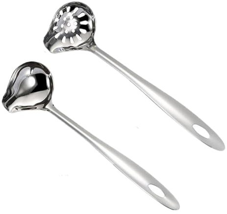 Jadin Louche Cuisine, Louche Inox, 2 Pièces Louche à Soupe, écumoire, Cuillère en Acier Inoxydable à Long Manche avec Trou de Suspension Intégré, pour Préparer des Soupes et des Ragoûts, 27,2 x 8 cm