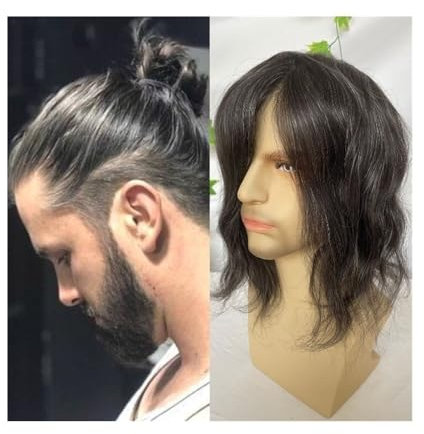Herren Haarteil 12 langes Echthaar-Toupet for Männer, 8x10 Zoll, ultradünnes Voll-PU-Haut-Basis-Haarteil for Männer, 1B# schwarzes Haar, gemischt mit 20 % synthetischem grauem Haarsystem Toupet für M