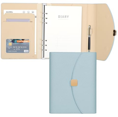 PU Leder A5 Binder Notizbuch,6 Ring Budget Binder Journal Planer mit nachfüllbaren gefütterten losen Blatt Papier 100 Blätter/200 Seiten,Blau