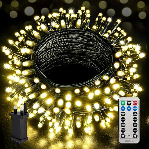 Desiretech Christmas Tree Lights - 10m 100 LED Outdoor Waterproof Plug-in String Lights, Remote Control, 8 Modes, Timer, Dimmable Warm White Lights for Indoor & Outdoor Christmas Decorations