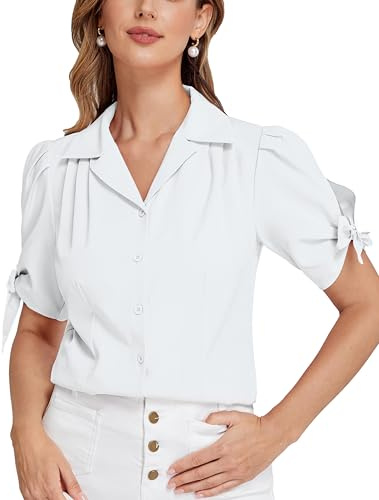 Belle Poque Damen Puffärmel Oberteile Frühling Stehkragen Fit Bluse für Arbeit Weiß XL