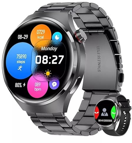 LOYEWAIER Smart Watch 4 Pro 3D Curved Glass 1.53 Amoled Farbdisplay 7 Parameter Schnelldiagnose Herzfrequenz Activity Tracker Schwarz Edelstahlarmband für Android ios