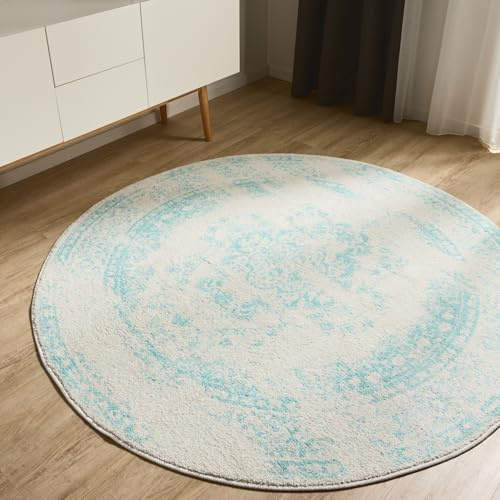 benuta Basic Teppich Sia - Creme/Türkis 160 cm rund - Kunstfaser - rund & im Style: Vintage, Boho-Style, Retro - Pflegeleicht für Wohnzimmer Schlafzimmer
