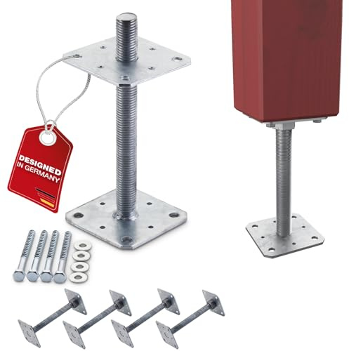 SOTECH 4er Set Pfostenträger 110 x 110 x 250 mm Gewinde M24 | Stahl feuerverzinkt Stützträger höhenverstellbar Pfostenfuß zum aufschrauben Witterungsbeständig