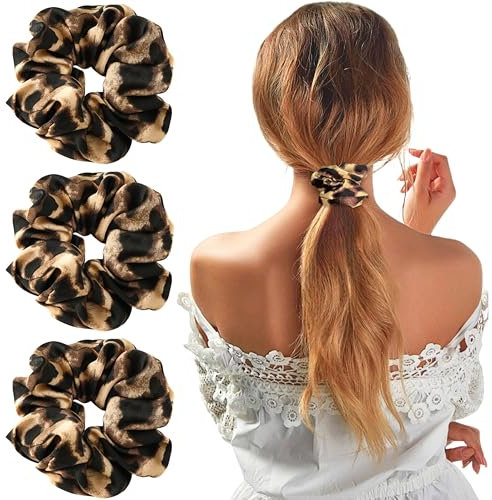 LUFFLOK 3 Stück Weich Haargummis Scrunchies, Leoparden Haargummis Scrunchies für Damen und Mädchen, Satin Elastische Dicke Bänder, Pferdeschwanzhalter Frauen Haarschmuck (3 Stück)