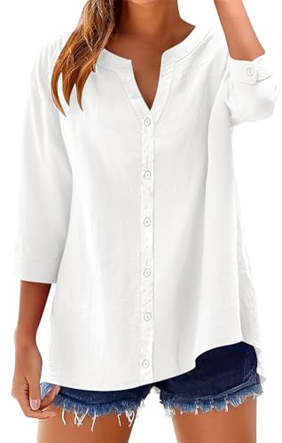 Rapbin Womens Tops 3/4 Length Sleeve Cotton Linen Button Down Ladies Blouses V Neck Solid Casual Loose Fit Roll Up Sleeve T-Shirt(White,S)