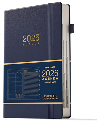 TDOLISSTE - Kalender 2026 Terminplaner, A5 Agenda Buchkalender 365-Seiten-Tagesplan und 24-Seiten-Monatsplan, Deutsches (Blau)