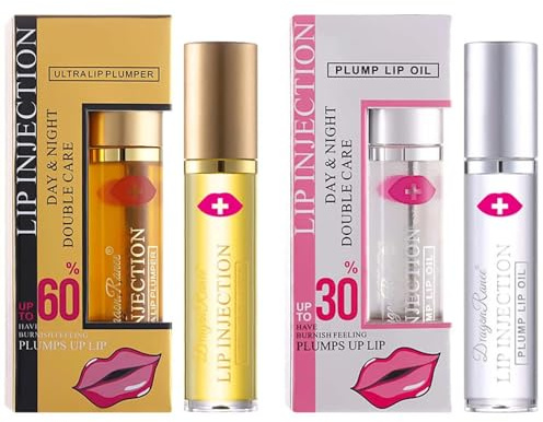 2PCS Lip Plumper & Hydrating Oil Set – Day & Night Lip Enhancer for Fuller, Moisturized Lips. Extreme Plumping Gloss Reduces Lines, Boosts Volume (30% + 60%, 5ml)