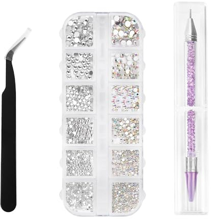 FUZVOL 1728 PCS Rhinestones for Nail Art AB Clear Crystal Nail Gems Diamonds 6 Sizes Flat Back Gems with Tweezers, Rhinestone Picker Dotting Pen, Glue for Nail Crafts Clothes Art