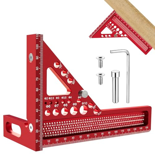 Tmefoy 3D-Gehrungswinkel, 22,5-90° Kombinationswinkel aus Aluminiumlegierung, Hochpräziser Speed Square, Schreinerwinkel mit 11 Bohrlöchern, Anreiß, Bohr & Messwerkzeug für Tischler Ingenieure(Rot-L)