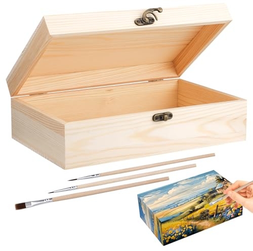JAVODAT 25×15×8cm Holzkiste mit Deckel, Holztruhe zum Bemalen mit 3 Pinsel, Kleine Holzbox für Erinnerungsbox Geschenkbox
