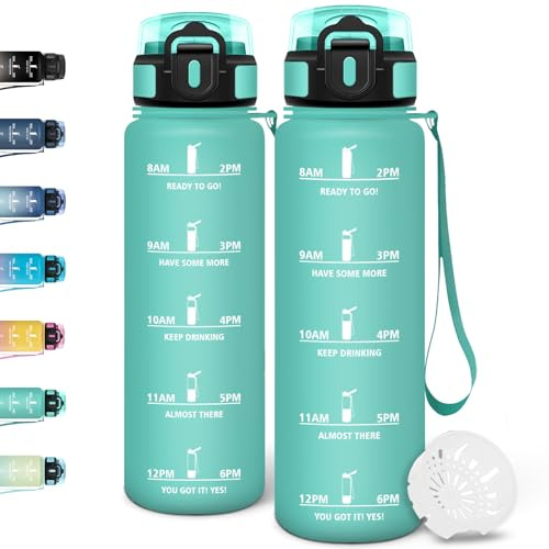 Motswedi Botella agua 1 litro, con Marcador de Tiempo, Botella agua Gimnasio, a Prueba de Fugas, Cantimplora, Cantimplora 1l, para Gym, Deportes, Oficina, Azul Verde-3245C