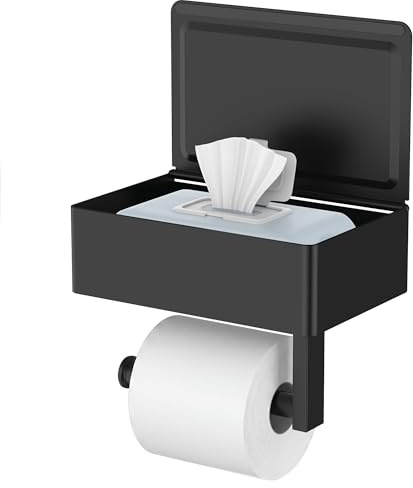 FORIOUS® Toilettenpapierhalter, Klopapierhalter Schwarz mit Feuchttücherbox | Klorollenhalter ohne Bohren Wandhalterung, 304 Edelstahl WC Papier Halterung für WC & Bad, Selbstklebend or Bohren