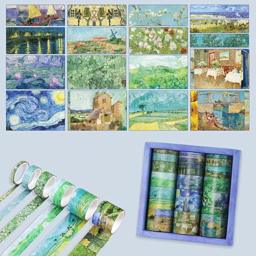 MSLSOZ Washi Tape Set, 18 Rollen Vintage Washi Tape, Vintage Ölgemälde Van Gogh & Monet, für Scrapbooking-Zubehör, Journaling, DIY Handwerk und Geschenke