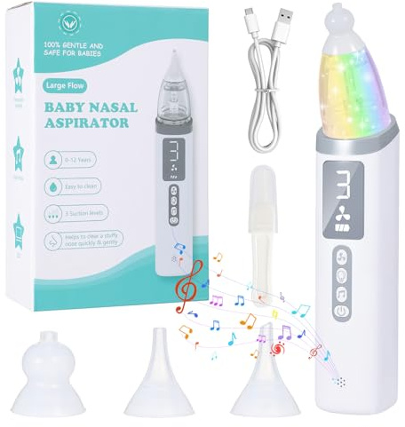 Aspirador Nasal para Bebe, Aspirador Nasal Bebe Electrico con 3 Niveles de Succión y 3 Puntas de Silicona,Saca Mocos para Bebes Recargable con Música Relajante y Luz para Recién Nacidos y Niños