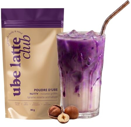 Ube Latte Club - Poudre Ube Latte Noisette Grillée - Igname Violette en Poudre, Arôme Naturel de Noisette Française - Vegan, Sans Gluten, Sans Caféine, Sans Sucre Ajouté - 80g (15-20 tasses)
