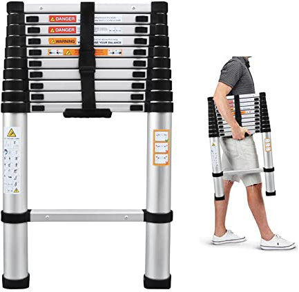 3.2M Telescopic Multi Purpose Ladder Portable Aluminium 10.5 Ft Light Weight Extendable Attic Ladder Max 150KG Load for Outdoor Indoor Home Loft Office, UK Stock