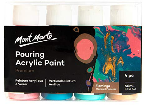 Mont Marte Colori Acrilici Pouring Set Flamingo – 4 pezzi x 60ml – Pitture Acriliche premiscelate con Medium per Acrilico – Rosa, Turchese Ftalo, Turchese, Oro Rosa