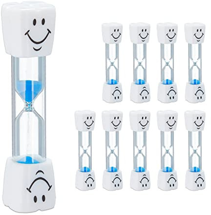 Relaxdays Sabliers brossage de Dents, Lot de 10, pour Enfants, minuteurs, 3 Minutes, Silencieux, Verre/Sable, Blanc-Bleu