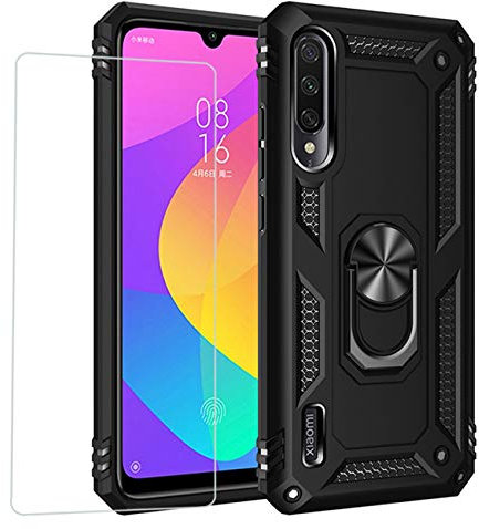 Joytag compatibles para Funda Xiaomi Mi A3,Carcasa +Cristal Templado Silicona TPU 360 Grados Anillo Giratorio magnético Soporte Caja del teléfono del Coche-Negro