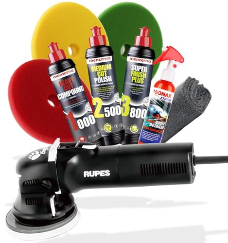 detailmate Polier Set: RUPES Exzenter Poliermaschine LHR12E Bigfoot Duetto + Menzerna Polituren + Garage Freaks Polierpads + SONAX Ceramic Quick Detailer + Poliertuch 550GSM - Profi Autopolitur