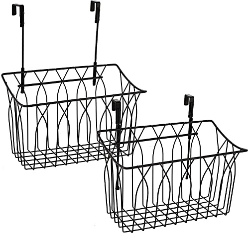 TOPZEA 2 Pack Grid Storage Baskets with Hooks, Metal Hanging Wire Basket Kitchen Over the Cabinet Door Organizer Caddy for Cutting Board, Kitchen Wrap, Foil, Cleaning Supplies, Bakeware, Towel