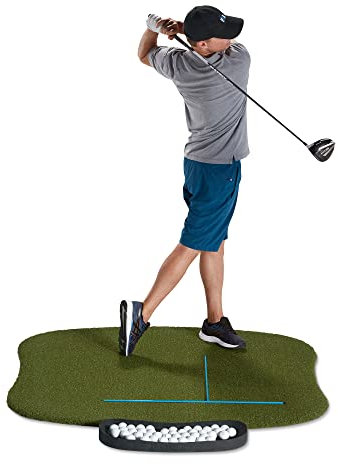 Fiberbuilt Golf Hourglass Hitting Mat - Premium 5' x 3' Indoor/Outdoor Performance Turf with Non-Slip Rubber Foam Padding | Comes with 4 Alignment Sticks and 1 Golf Ball Tray, Green, (688-5x3-Kit)