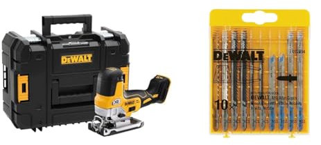 Dewalt DCS335NT-XJ Akku-Stichsaege, 18 V (Basisversion ohne Akku und Ladegerät) + HCS Stichsägeblatt-Set, 10 Stück (für Holz und Metall) DT2294