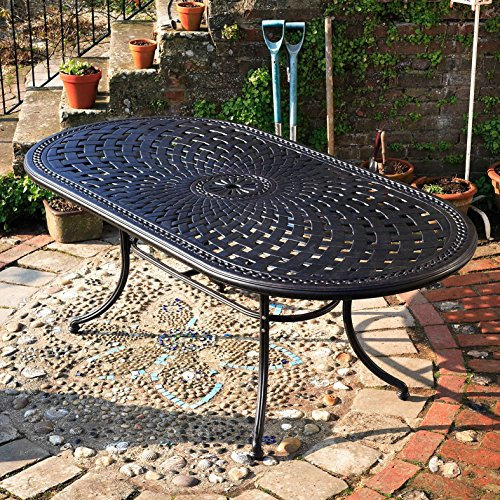 Lazy Susan 208 cm Catherine Gartentisch in Antik Bronze mit 8 Emma Stühlen mit grünen Sitzkissen | Nachhaltiges Sandguss-Aluminium | Wetterfest | Rostfrei | Wartungsarm | 3 Jahre Garantie